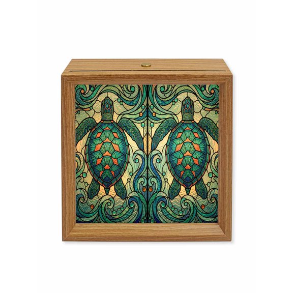 Wood Night Light Box Teal Blue Sea Turtle Wooden LED Night Lights with USB Rechargeable Dimmable Touch Square Table Light Shiny Ocean Waves Stained Glass Wood Picture Frame Lamp for Desktop Display