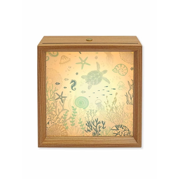 Wood Night Light Box Teal Blue Turtle Shell Wooden LED Night Lights with USB Rechargeable Dimmable Touch Square Table Light Coral Conch Seaweed Starfish Wood Picture Frame Lamp for Desktop Display