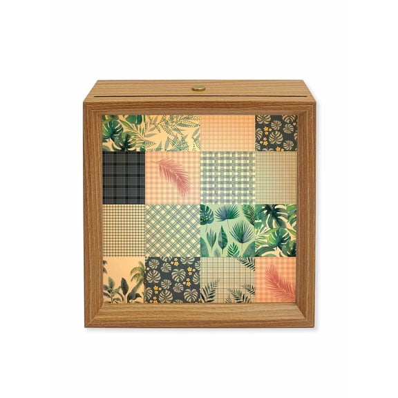 Wood Night Light Box Teal Botanical Patchwork Wooden LED Night Lights with USB Rechargeable Dimmable Touch Square Table Light Tropical Palm Leaves Plaid Wood Picture Frame Lamp for Desktop Display