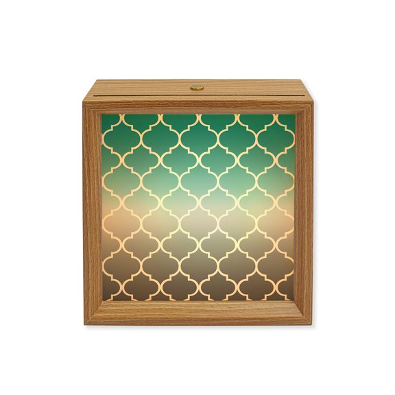 Wood Night Light Box Teal Green and Gray Ombre Gradient Wooden LED Night Lights with USB Rechargeable Dimmable Touch Square Table Light Morocco Pattern Wood Picture Frame Lamp for Desktop Display