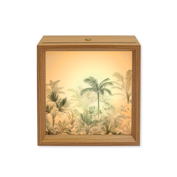 Wood Night Light Box Tropical Forest Wooden LED Night Lights with USB Rechargeable Dimmable Touch Square Table Light Monstera Palm Tree Wood Picture Frame Lamp for Bedside Desktop Display Home Decor