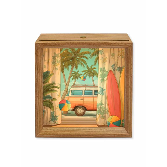 Wood Night Light Box Tropical Palm Leaves Wooden LED Night Lights with USB Rechargeable Dimmable Touch Square Table Light Camper Van Surfboard Balls Wood Picture Frame Lamp for Desktop Display