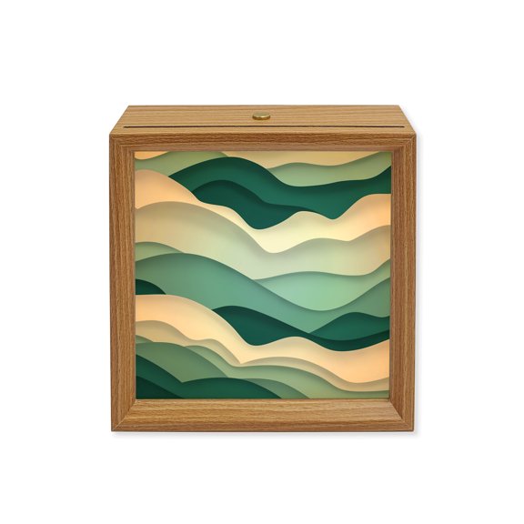 Wood Night Light Box Turquoise White Ombre Sea Wave Wooden LED Night Lights with USB Rechargeable Dimmable Touch Square Table Light Abstract Geometric Wood Picture Frame Lamp for Desktop Display