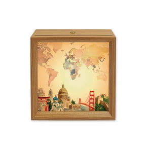 Wood Night Light Box World Map Wooden LED Night Lights with USB Rechargeable Dimmable Touch Square Table Light Famous Building Tourism Bridge Wood Picture Frame Lamp for Bedside Desktop Display