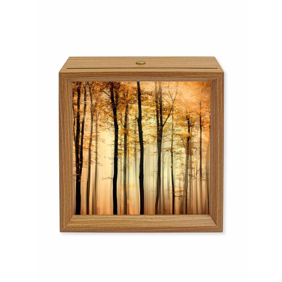 Wood Night Light Box Yellow Autumn Maple Forest Wooden LED Night Lights with USB Rechargeable Dimmable Touch Square Table Light Misty Forest Trees Wood Picture Frame Lamp for Bedside Desktop Display