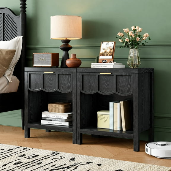 Wood Night Stand with Drawers, Fluted Night Stand Set of 2, Mid Century Small Side Table for Bedroom, Modern Bedside Table for Living Room, Entryway, Black