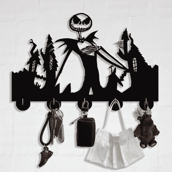 Wood Night mare christmas Key Holder for Wall,Metal Key Organizer Wall Decorative with 5 Hooks,Black Wall Mount Key Holder for Entryway,Front Door,Hallway,Office