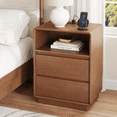 thumbnail image 1 of Wood Nightstand with 2 Drawers and Charging Stations, Natural Solid Wood Night Stand Bedside Table with Open Storage Shelf, Brown End Side Table for Bedroom, 1 of 9