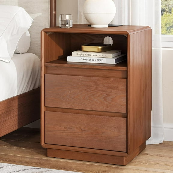 Wood Nightstand with 2 Drawers and Charging Stations, Natural Solid Wood Night Stand Bedside Table with Open Storage Shelf, Brown End Side Table for Bedroom