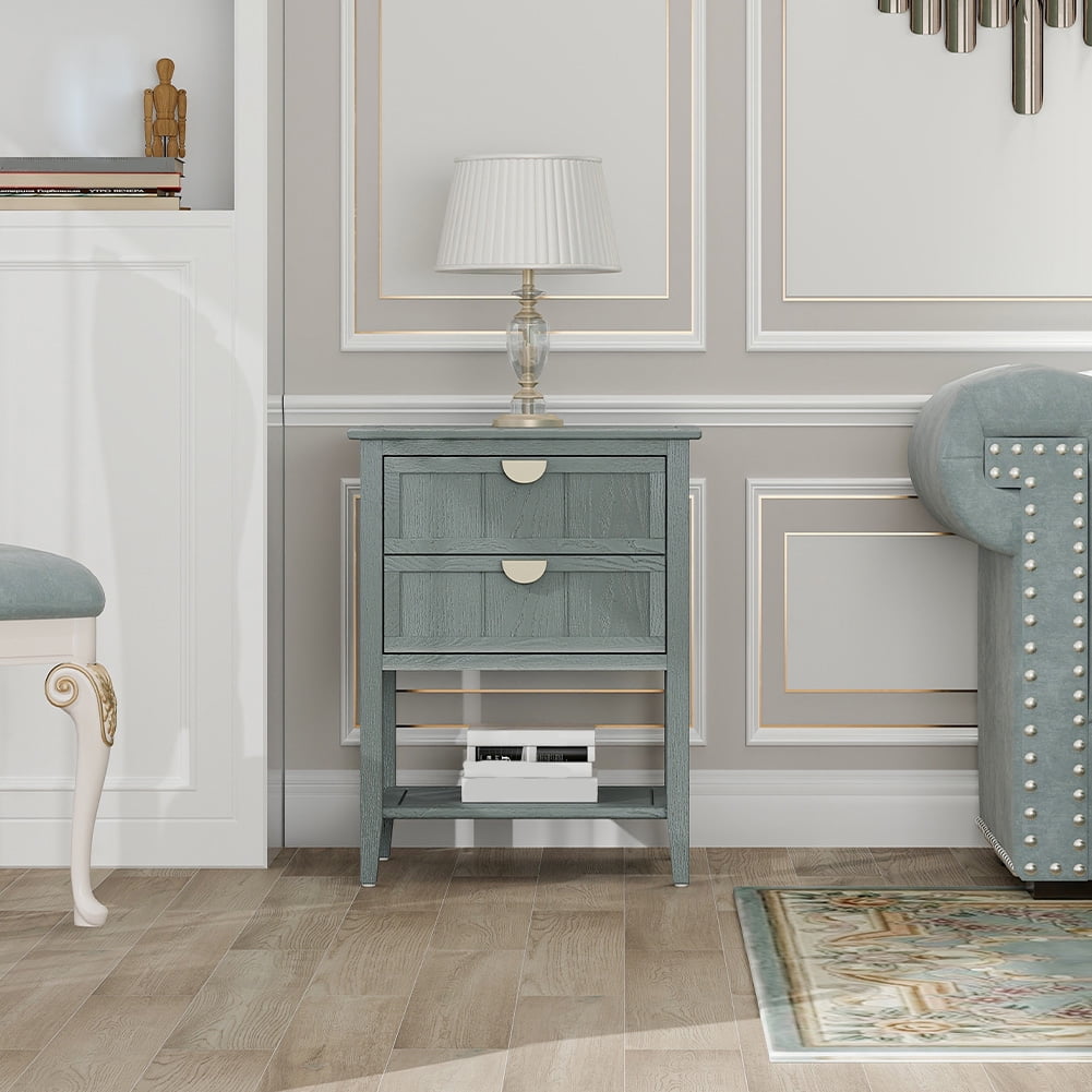 Light Gray Wood Nightstand with Storage Shelf and Drawers