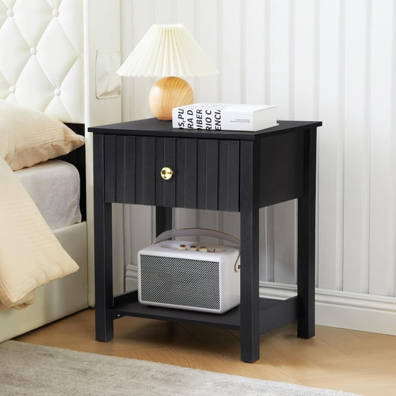 Wood Nightstand, 21.65" H Bedside Table with Wide Fluted Finish, Modern Night Stands with Drawer, Mid Century End Table for Bedroom (Black)