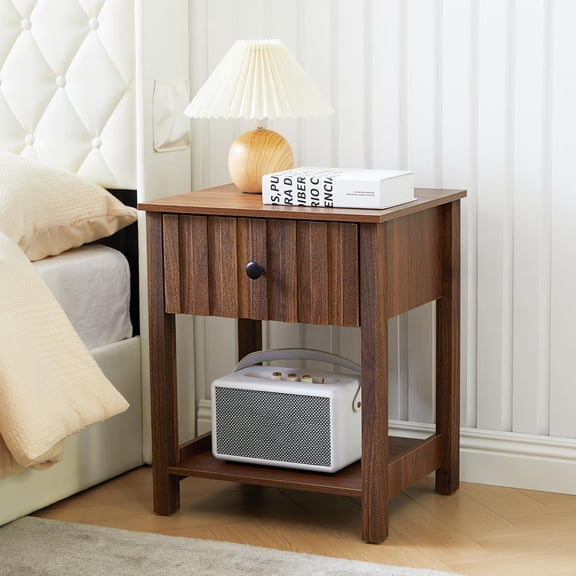 Wood Nightstand, 21.65" H Bedside Table with Wide Fluted Finish, Modern Night Stands with Drawer, Mid Century End Table for Bedroom (Walnut)