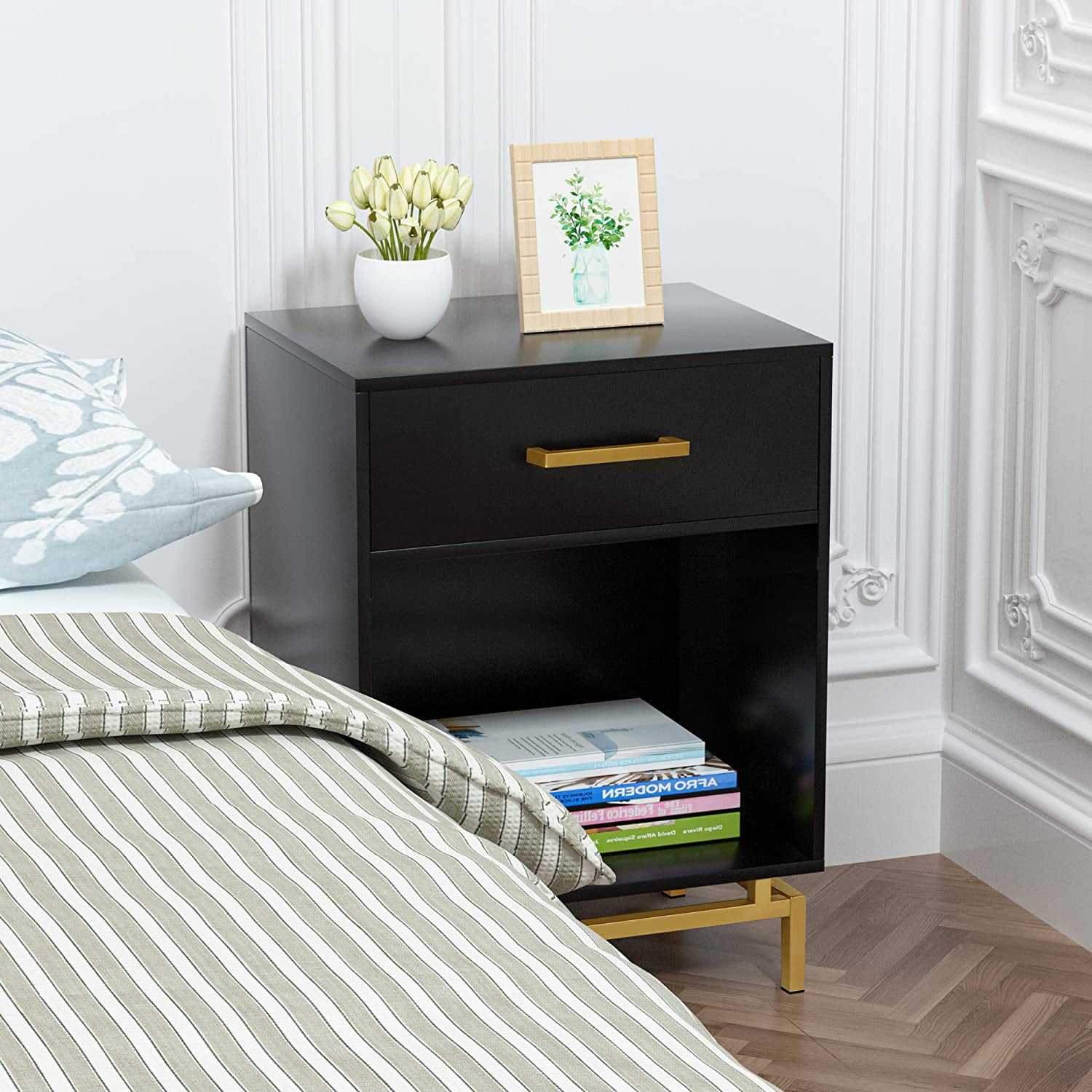 Wood Nightstand, 25" Tall Mid Century Modern Black Night Stand with ...