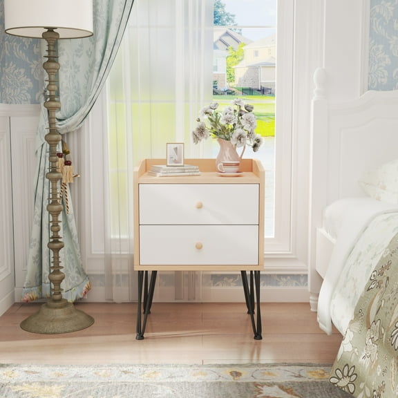 Prime Garden Wood Nightstand End Table for Bedroom,White