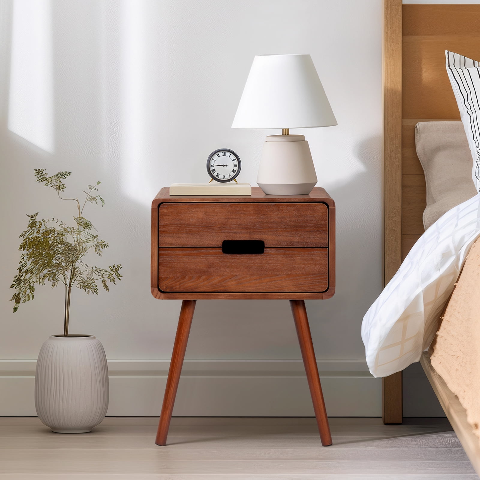 Brown Solid Pine Wood 2-Drawer Nightstand