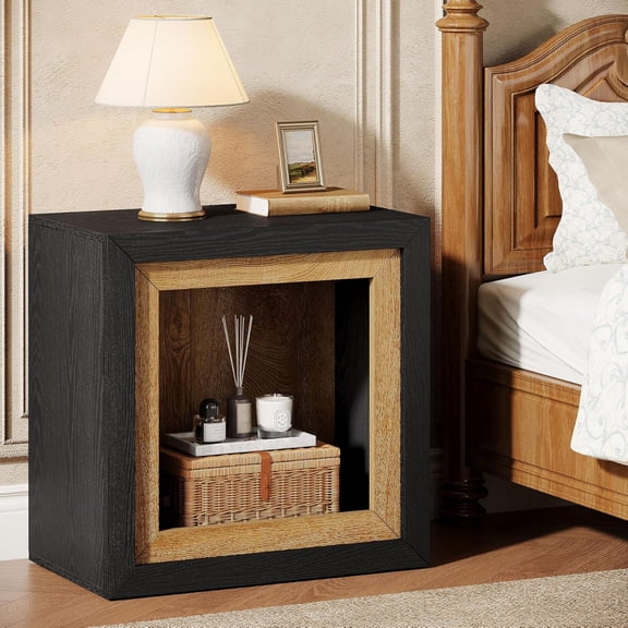 Wood Nightstand with Frame-Inspired Design, Modern Cube Bedside Table with Open Storage for Bedroom– Space-Saving Nightstand with Sleek, Minimalist Design
