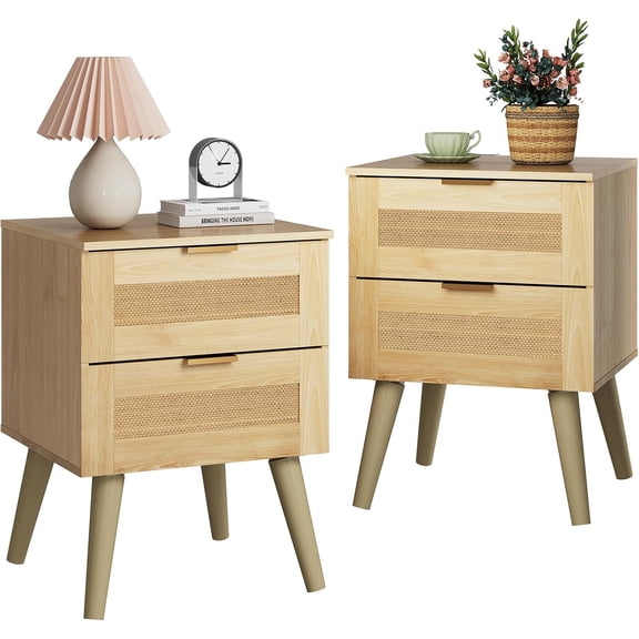 Wood Nightstand Set of 2, Night Stand Sets with 2 Rattan Decor Drawers, End Tables with Solid Legs, Bed Side Table for Bedroom, Living Room, Natural Oak
