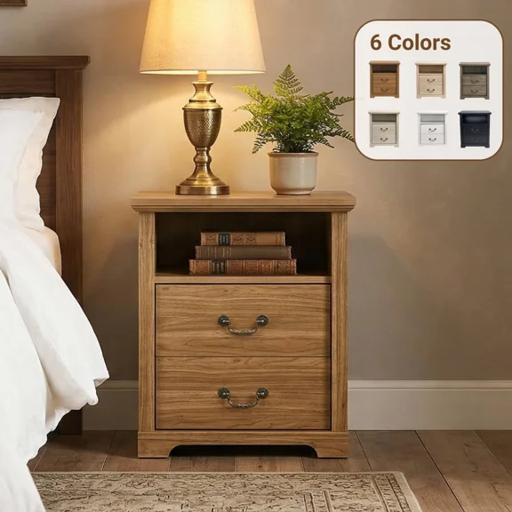Wood Nightstand with 2 Drawers and Open Shelf End Table Side Table Furniture for Bedroom - Walnut - 2PK