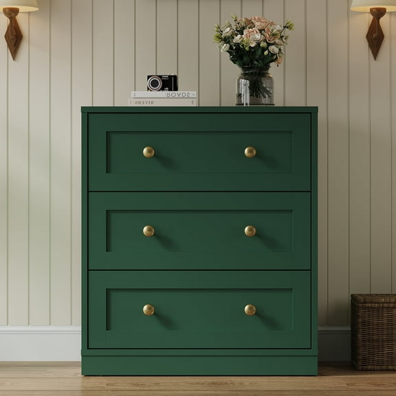 Heynemo 3-Drawer Nightstand, Wooden Bedside Table with Gold Knobs, Modern Storage Cabinet for Bedroom, Living Room, or Hallway, Green