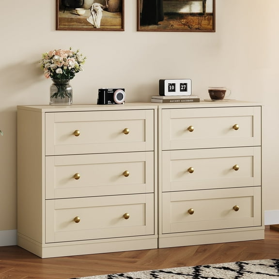 Heynemo Beige Nightstands Set of 2, 3-Drawer Wooden Bedside Tables for Bedroom, Living Room, or Hallway