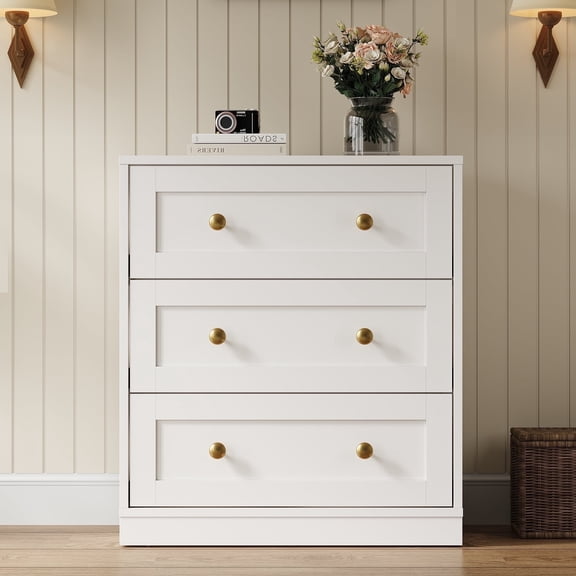 Heynemo 3-Drawer Nightstand, Wooden Bedside Table with Gold Knobs, Modern Storage Cabinet for Bedroom, Living Room, or Hallway, White