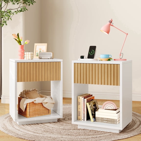 Wood Nightstand Set of 2 with Charging Station & LED Lights,Modern Wood Bedside End Table for Bedroom Living Room Dorm Office, White