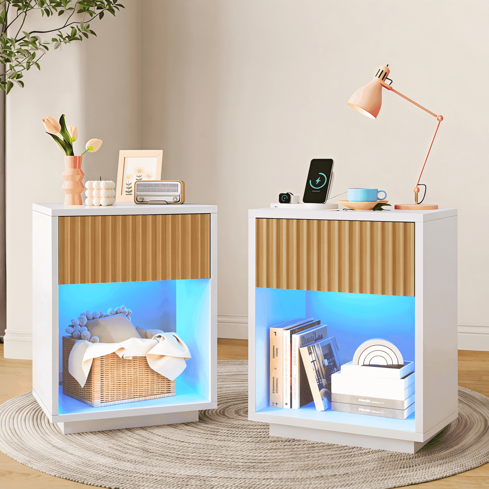 White Nightstand with Charging Station & LED Lights, End Table Side Table Set of 2 for Bedroom Dorm Office