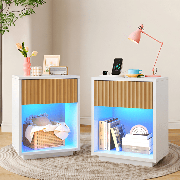 Nightstand Set of 2 with Charging Station & LED Lights,Modern Wood Bedside End Table for Bedroom Living Room Dorm Office, White