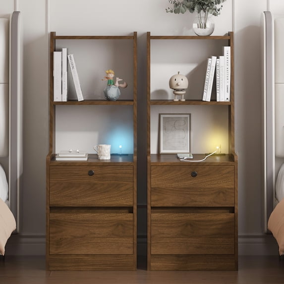 Wood Nightstands Set of 2 with Charging Station & Night Light, Modern Bedside Table with Bookshelf & Storage Cabinet