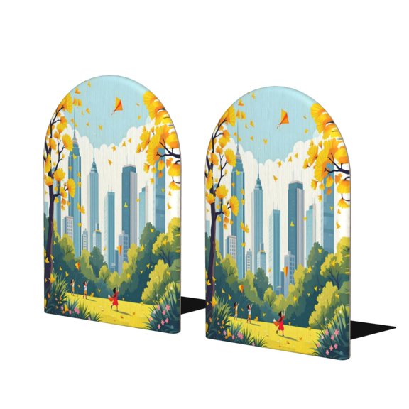 Wood Non-Skid Bookend For Shelves Heavy Duty Book Stand For Cds, Documents, Books, Periodicals, 1 Pair Cartoon City Park Autumn