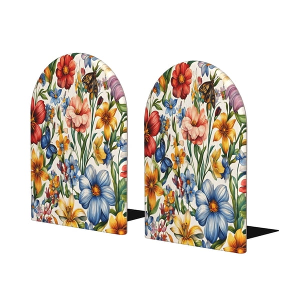 Wood Non-Skid Bookend For Shelves Heavy Duty Book Stand For Cds, Documents, Books, Periodicals, 1 Pair Fall Flowers Lily Flower Butterflies Bees