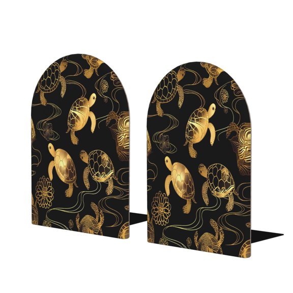 Wood Non-Skid Bookend For Shelves Heavy Duty Book Stand For Cds, Documents, Books, Periodicals, 1 Pair Golden Sea Turtle