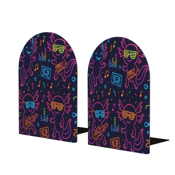 Wood Non-Skid Bookend For Shelves Heavy Duty Book Stand For Cds, Documents, Books, Periodicals, 1 Pair Neon Party Axolotls - 80s Synthwave