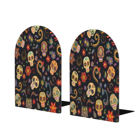 Wood Non-Skid Bookend For Shelves Heavy Duty Book Stand For Cds, Documents, Books, Periodicals, 1 Pair Retro Skull Head Flower