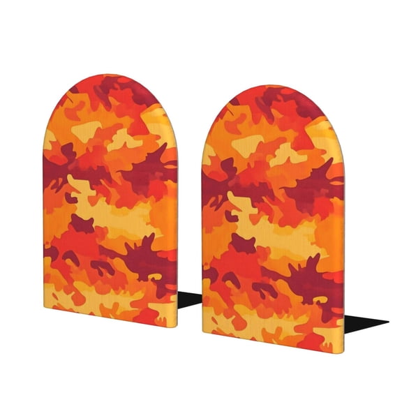 Wood Non-Skid Bookend For Shelves Heavy Duty Book Stand For Cds, Documents, Books, Periodicals, 1 Pair Vector Camouflage Pattern Orange Red_4