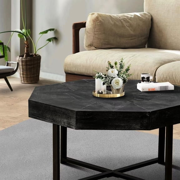 Wood Octagonal Coffee Table, Antique Black Metal Ornaments, Living Room Vintage Wooden Table With Cross Legs For (antique