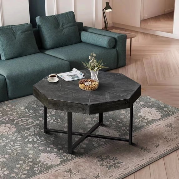 Wood Octagonal Coffee Table with Cross Metal Legs , 30 Inch Vintage Patchwork Table Top Coffee Table for Living Room, Bedroom, Antique Black