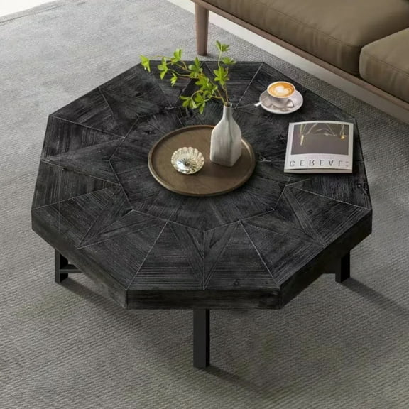 Wood Octagonal Vintage Patchwork Craft Farmhouse 30 Inch Wooden Table Top  Cross Metal Legs Coffee Table for Living Room(Antique Black)