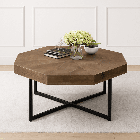 Wood Octagonal Vintage Patchwork Craft Farmhouse 30 Inch Wooden Table Top Cross Metal Legs Coffee Table for Living Room(Antique Brown)