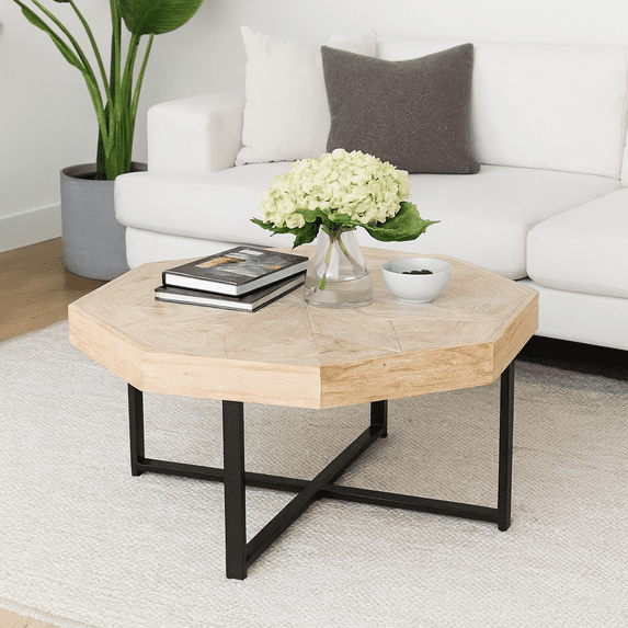 Wood Octagonal Vintage Patchwork Craft Farmhouse 30 Inch Wooden Table Top Cross Metal Legs Coffee Table for Living Room(Antique Wood)