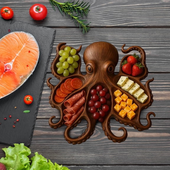 Wood Octopus Fruit Serving Tray Set,Octopus Shape Charcuterie Platter,Ocean Themed Cheese Bread Board Fruit Tray Board