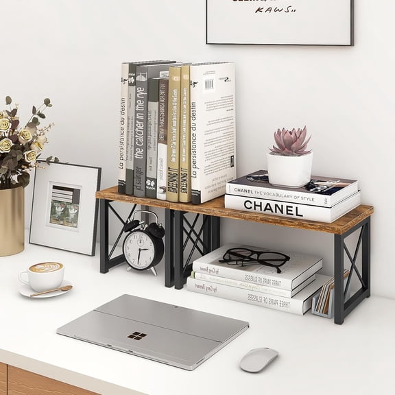 Wood Organizer Shelf, Desktop Shelf + Vinyl Record Holder Set, 2 Tier Stackable Desk Stand Adjustable Small Bookshelf, Records Storage for Magazine, Books, Files, Albums