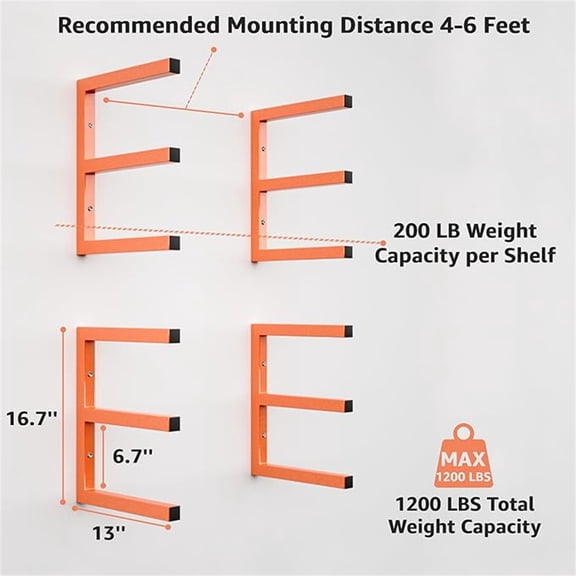 Wood Organizer and Lumber Storage Rack Wall Mount, Heavy Duty Metal Shelf with 6-Level Holds Up 1200 LBS, Indoor & Outdoor Use - Orange