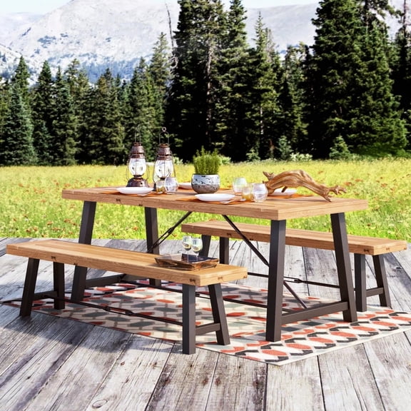 Wood Outdoor Dining With Metal Construction Picnic - Finish Structure