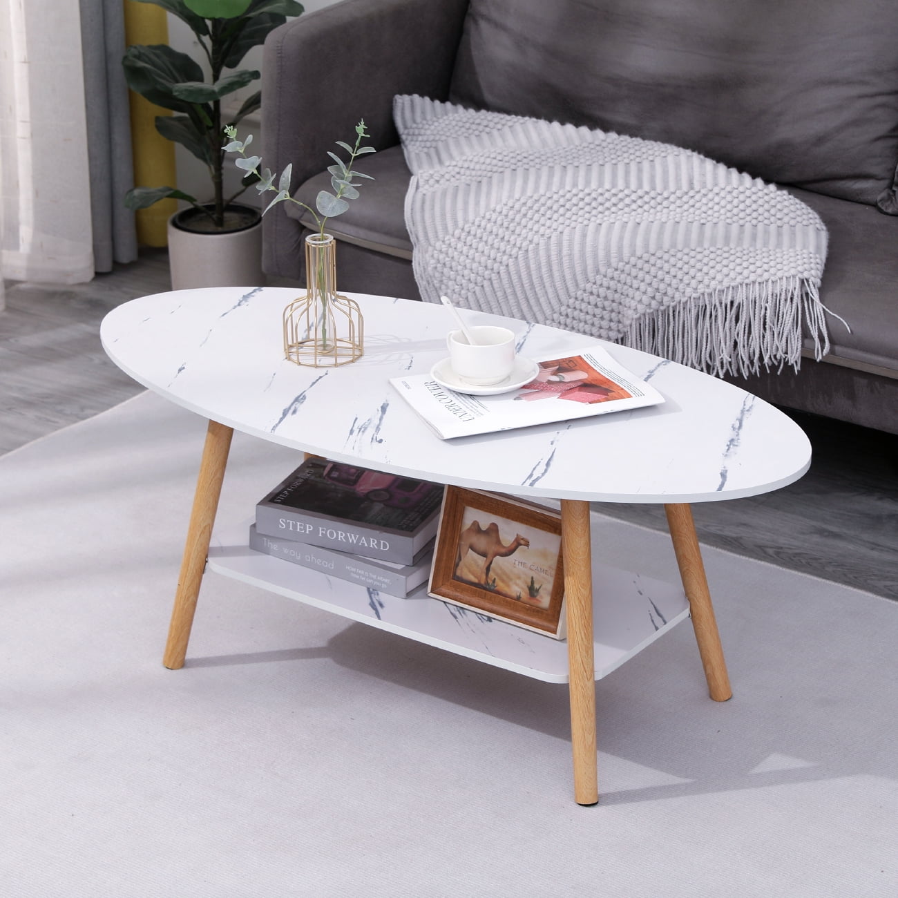 Wood Oval Coffee Table for Small Space , Small Modern Coffee Table with
