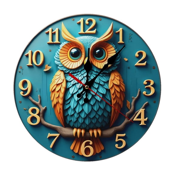 Wood Owl Wall Clock 10 Inch Silent Non Ticking Round Clock Decoration for Living Room Kitchen Bedroom Bathroom Office Classroom