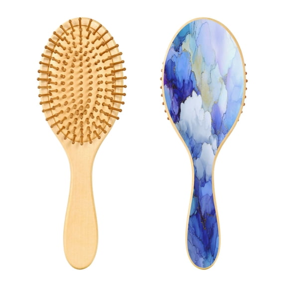 Wood Paddle Brush with Cushion & Round Hair Brush Blue Ink Clouds Detangling Brush for All Hair Types