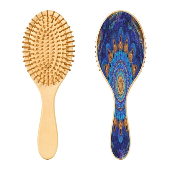 Wood Paddle Brush with Cushion & Round Hair Brush Blue Kaleidoscopic Pattern Detangling Brush for All Hair Types