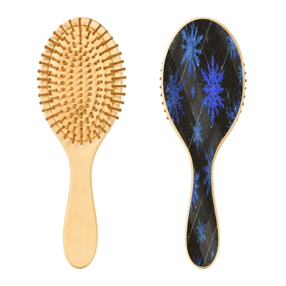 Wood Paddle Brush with Cushion & Round Hair Brush Blue Snowflake Pattern Detangling Brush for All Hair Types