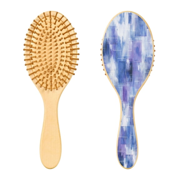 Wood Paddle Brush with Cushion & Round Hair Brush Blue Squares and Shapes Detangling Brush for All Hair Types